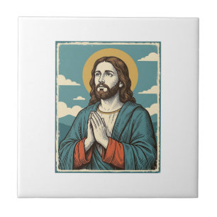 Retro Biddende Verlosser Religieus Shirt Ontwerp_1 Tegeltje