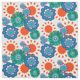 Retro Big Flowers Blue Oranje Mix Floral Design Stof