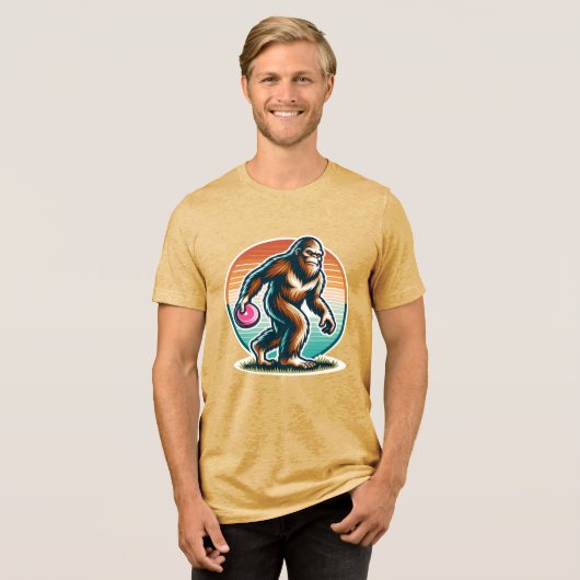 Retro Bigfoot Sasquatch Disc Golf Tri-Blend Shirt (Voorkant volledig)