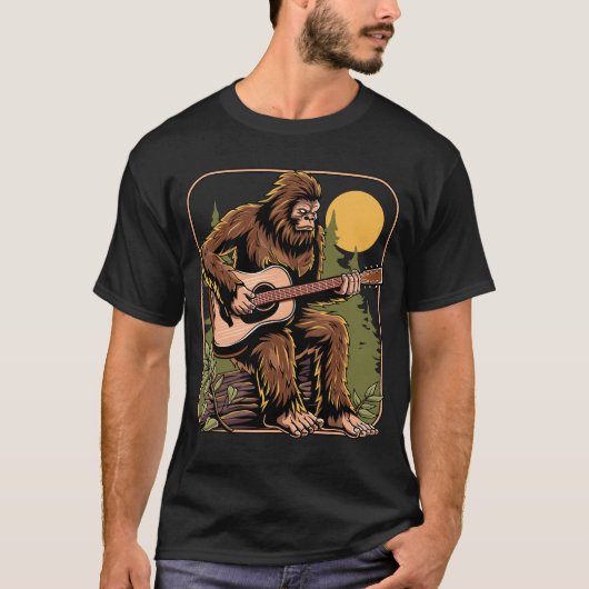Retro Bigfoot Sasquatch Spelen Akoestische Gitaar T-shirt (Voorkant)