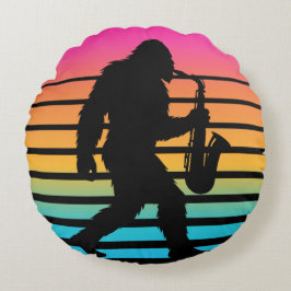 Retro Bigfoot Saxofoon Zonsondergang Ronde Kussen