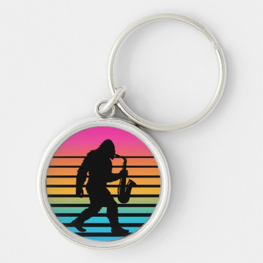 Retro Bigfoot Saxofoon Zonsondergang Sleutelhanger (Voorkant)