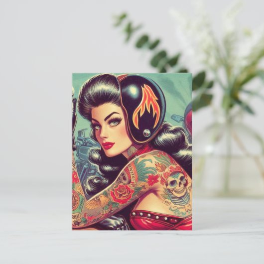 Retro Biker Girl Briefkaart (Staand voorkant)