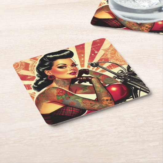 Retro Biker Pin-up Kartonnen Onderzetters (Schuin)