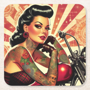 Retro Biker Pin-up Kartonnen Onderzetters