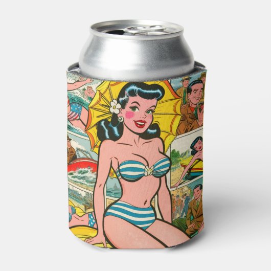 Retro Bikini Meisje Zomer Strips Blikjeskoeler (Blikje Voorkant)