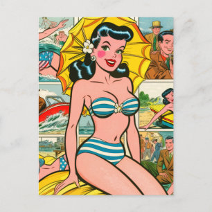 Retro Bikini Meisje Zomer Strips Briefkaart
