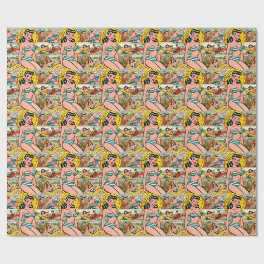 Retro Bikini Meisje Zomer Strips Cadeaupapier (Vlak)