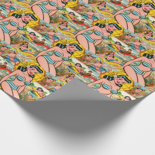 Retro Bikini Meisje Zomer Strips Cadeaupapier (Hoek)