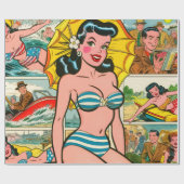 Retro Bikini Meisje Zomer Strips Cadeaupapier (Vlak)