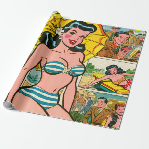 Retro Bikini Meisje Zomer Strips Cadeaupapier