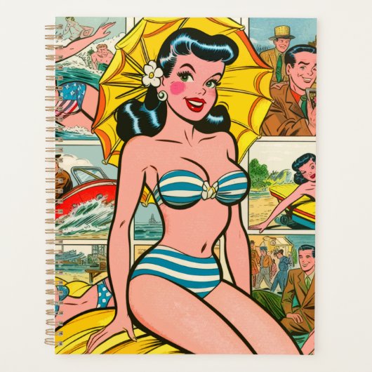 Retro Bikini Meisje Zomer Strips Planner (Voorkant)