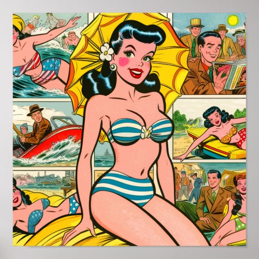 Retro Bikini Meisje Zomer Strips Poster (Voorkant)