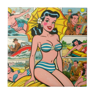 Retro Bikini Meisje Zomer Strips Tegeltje