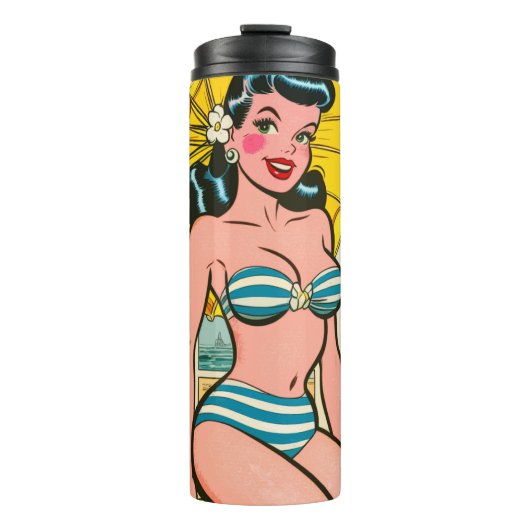 Retro Bikini Meisje Zomer Strips Thermosbeker (Voorkant)