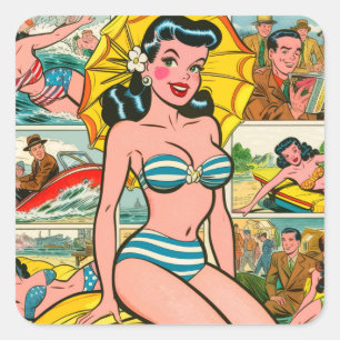 Retro Bikini Meisje Zomer Strips Vierkante Sticker