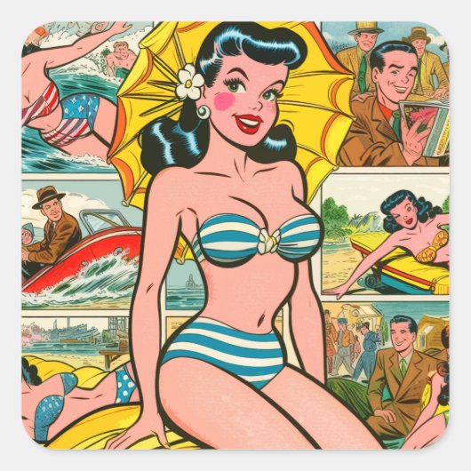 Retro Bikini Meisje Zomer Strips Vierkante Sticker (Voorkant)