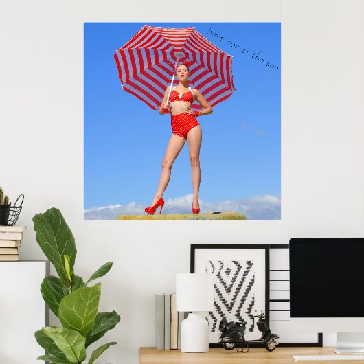 Retro bikini model/rode strepe parasol poster (Thuiskantoor)