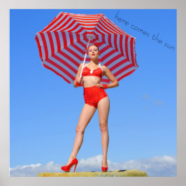 Retro bikini model/rode strepe parasol poster