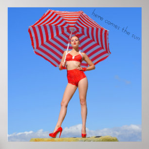 Retro bikini model/rode strepe parasol poster
