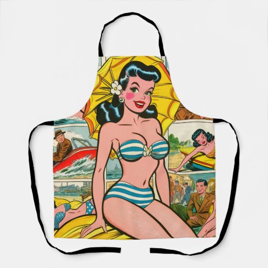 Retro Bikinimeisje Zomer Strips Schort (Voorkant)