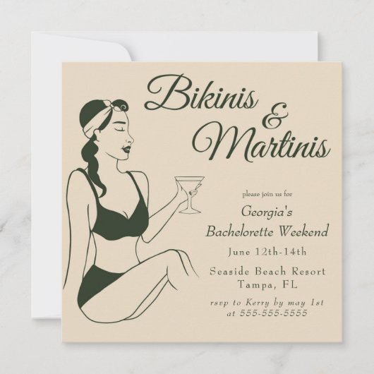Retro Bikinis & Martinis Bachelorette Kaart (Voorkant)