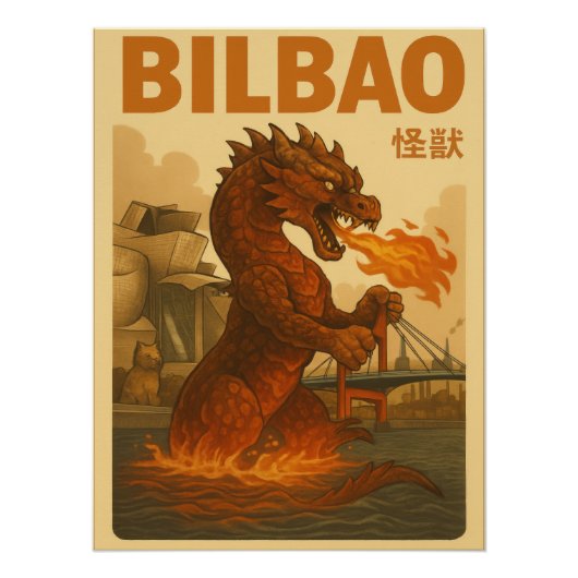 Retro Bilbao Travel Poster - Spanish Kaiju Monster (Voorkant)