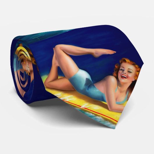  Retro Billy DeVorss Surfer Pinup meisje Stropdas (Opgerold)