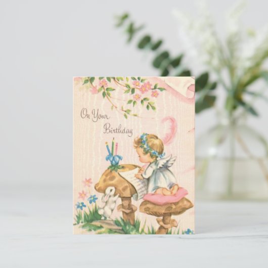 Retro Birthday Angel op paddenstoelen Feestdagenkaart (Staand voorkant)