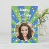 Retro Birthday Eigen naam 2 Foto Blauw groen Kaart (Staand voorkant)