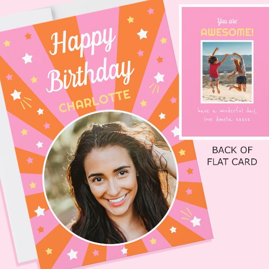 Retro Birthday Eigen naam 2 Fotoroze Sinaasappel Kaart