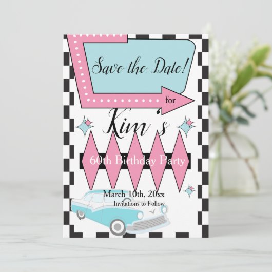 Retro Birthday, elke leeftijd van 1950, Save The Date (Staand voorkant)