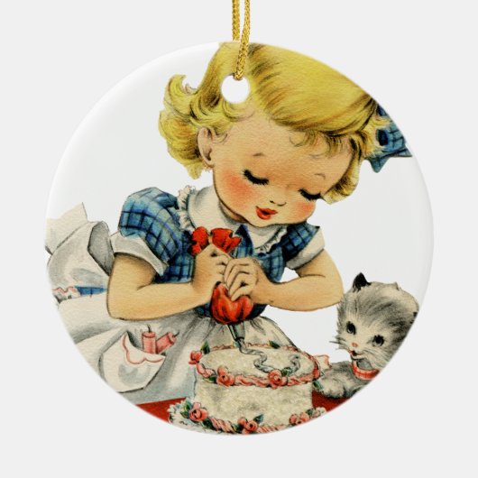 Retro Birthday Girl Cake Cat Artwork Keramisch Ornament (Voorkant)