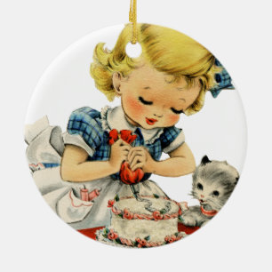 Retro Birthday Girl Cake Cat Artwork Keramisch Ornament