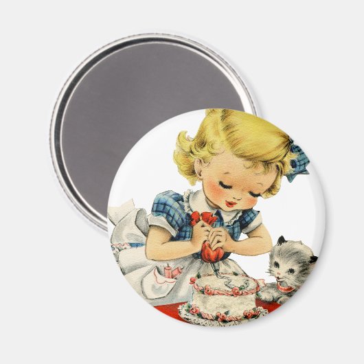 Retro Birthday Girl Cake Cat Artwork Magneet (Voorkant / Achterkant)