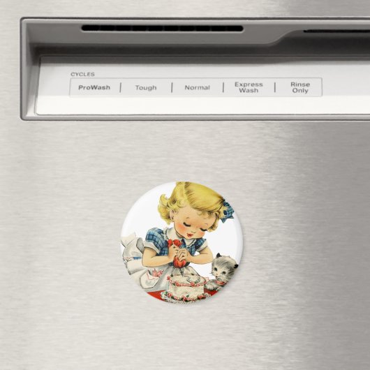 Retro Birthday Girl Cake Cat Artwork Magneet (Insitu (Vaatwasser))