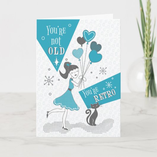 Retro Birthday Girl met Heart Balloons en Black Kaart (Voorkant)
