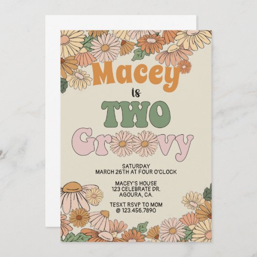 Retro Birthday-uitnodiging, TWO, Two Groovy Kaart (Voorkant / Achterkant)