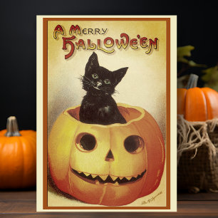  Retro Black Cat Custom Merry Halloween Feestdagen Kaart