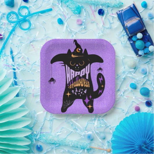 Retro Black Cat Funny Halloween Papieren Bordje (Feest)
