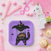 Retro Black Cat Funny Halloween Papieren Bordje (Feest)