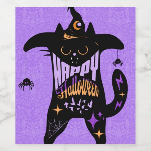Retro Black Cat Funny Halloween Wijn Etiket (Enkel label)