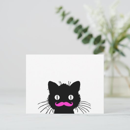 RETRO BLACK CAT FUNNY PINK MUSTACHE BRIEFKAART (Staand voorkant)