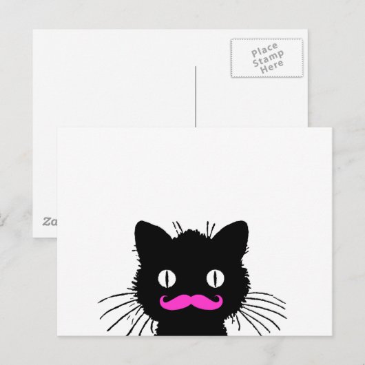 RETRO BLACK CAT FUNNY PINK MUSTACHE BRIEFKAART (Voorkant / Achterkant)