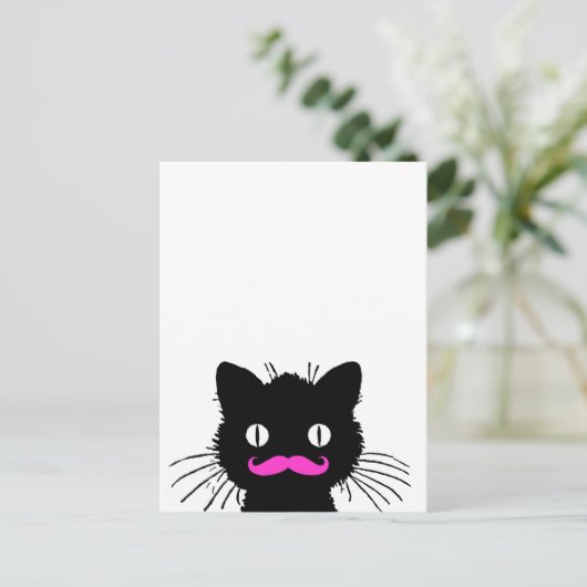 RETRO BLACK CAT FUNNY PINK MUSTACHE BRIEFKAART (Staand voorkant)