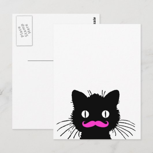 RETRO BLACK CAT FUNNY PINK MUSTACHE BRIEFKAART (Voorkant / Achterkant)