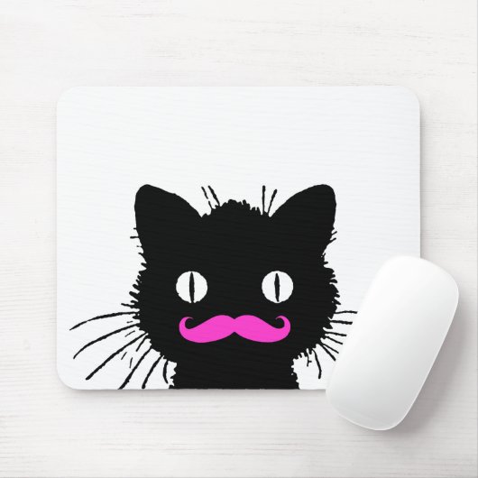 RETRO BLACK CAT FUNNY PINK MUSTACHE MUISMAT (Met muis)