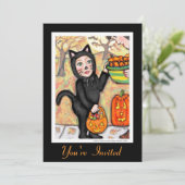 Retro Black Cat Halloween Costume Invitation Kaart (Staand voorkant)