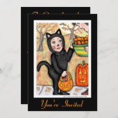 Retro Black Cat Halloween Costume Invitation Kaart (Voorkant / Achterkant)