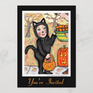 Retro Black Cat Halloween Costume Invitation Kaart